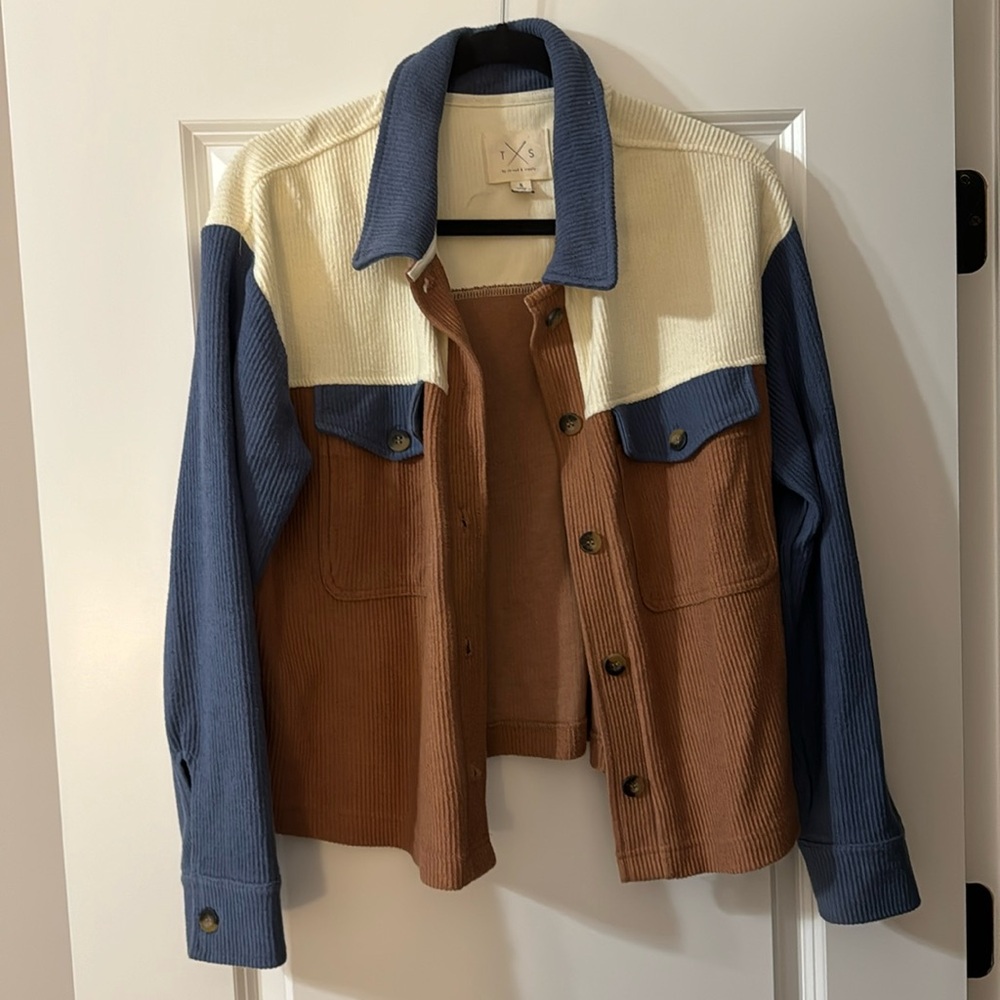 Blue, Tan & White Cropped Button Down Sweater Jacket